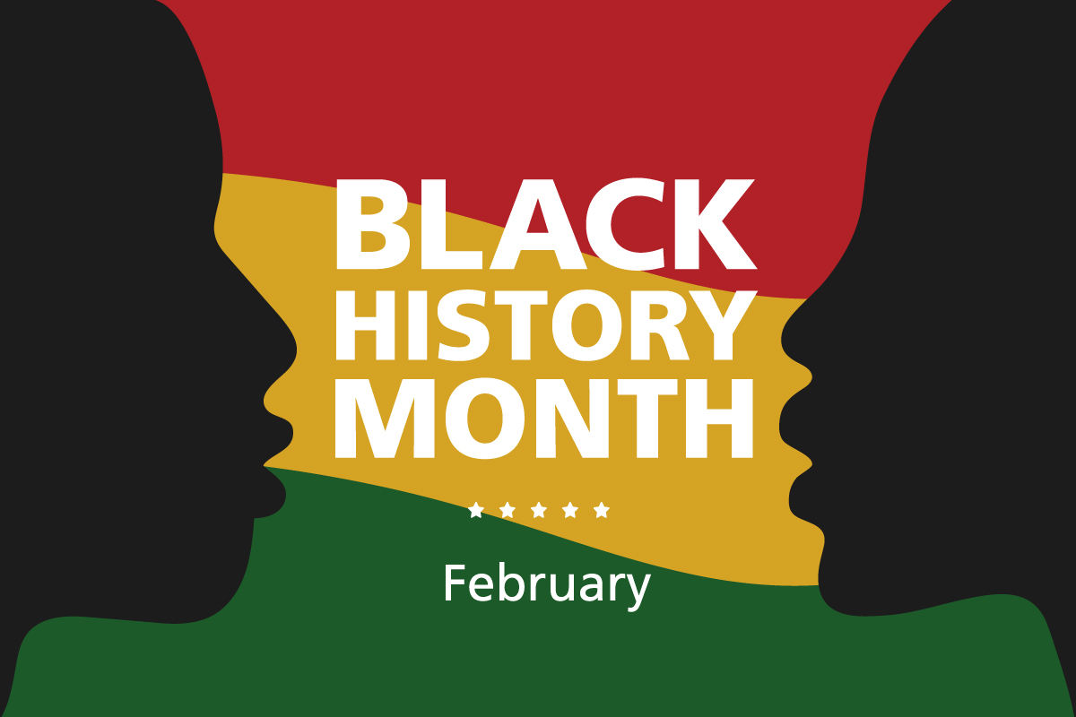 Banner showing two shadow profiles facing each other. Red, yellow and green colors in the background. Text reads Black History Month, February